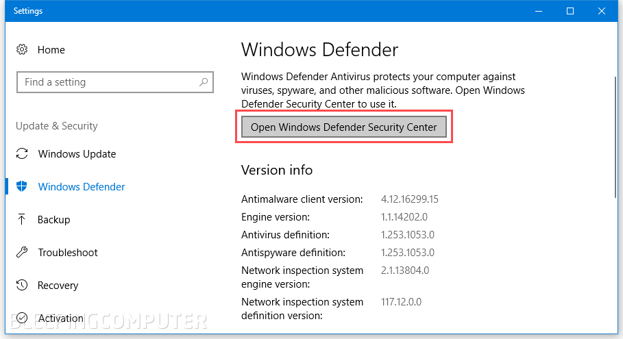 Windows Defender Settings section