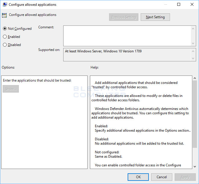 CFA policy allowed apps