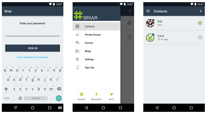 Briar app screens