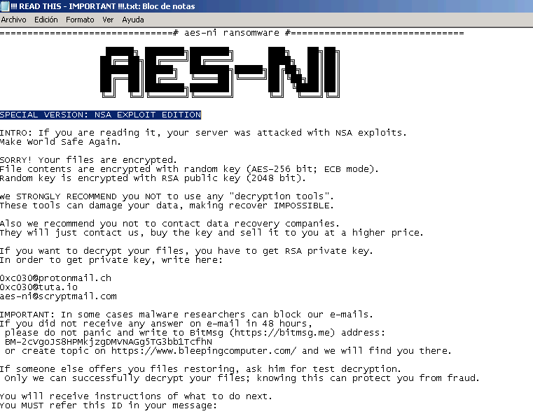 AES-NI ransom note