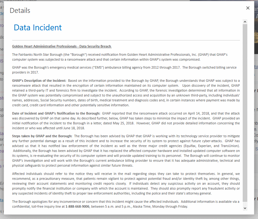 Fairbanks ransomware incident statement