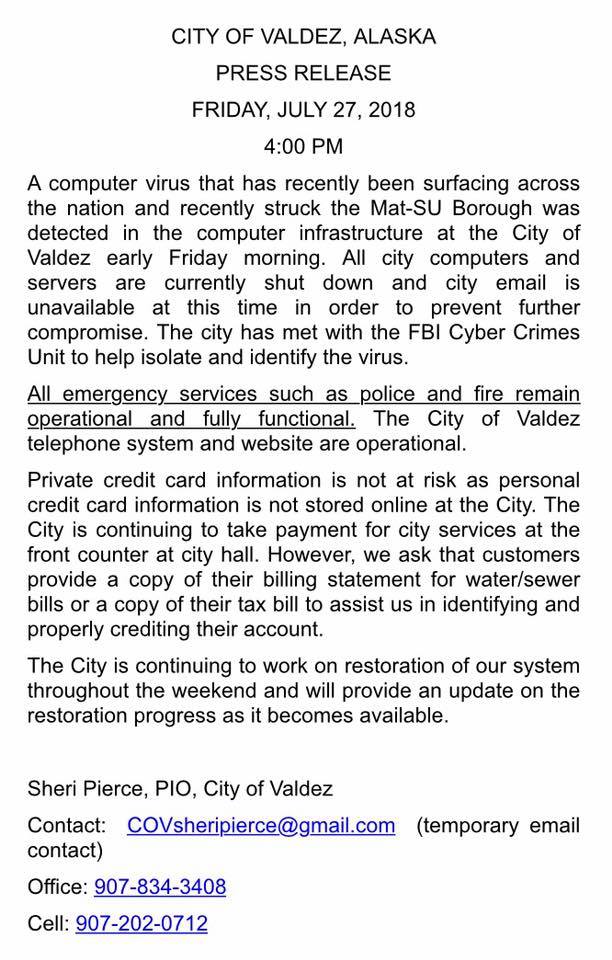 Valdez city cyber-incident statement