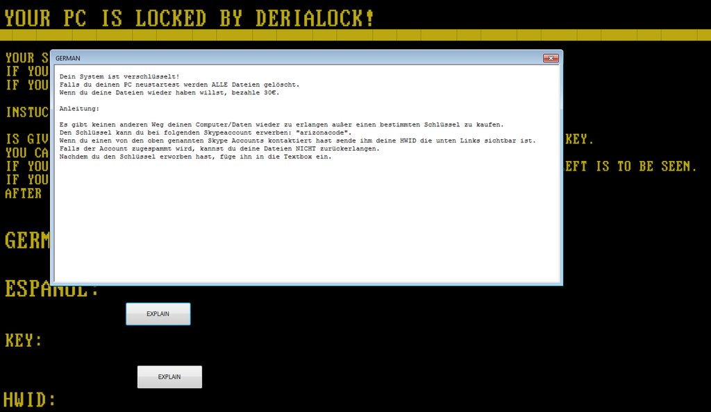 DeriaLock traducción en la nota de rescate alemán