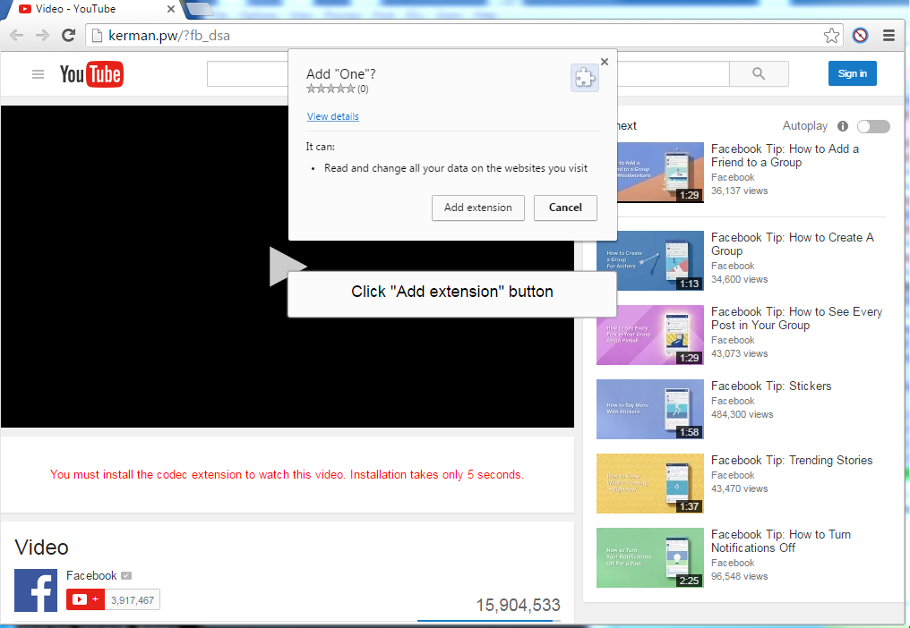 Fake YouTube website pushing Chrome extension