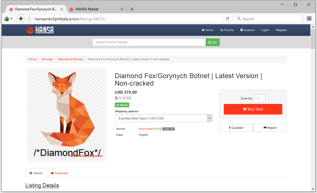 Ad on the Dark Web for the DiamondFox botnet malware