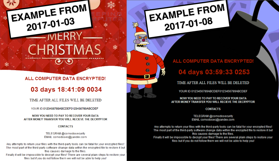 Differences in the ransom notes of the first two Merry Christmas ransomware infections