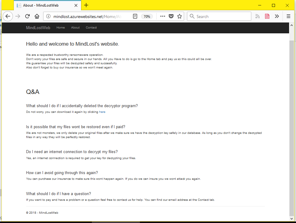 MindLost ransom payment site