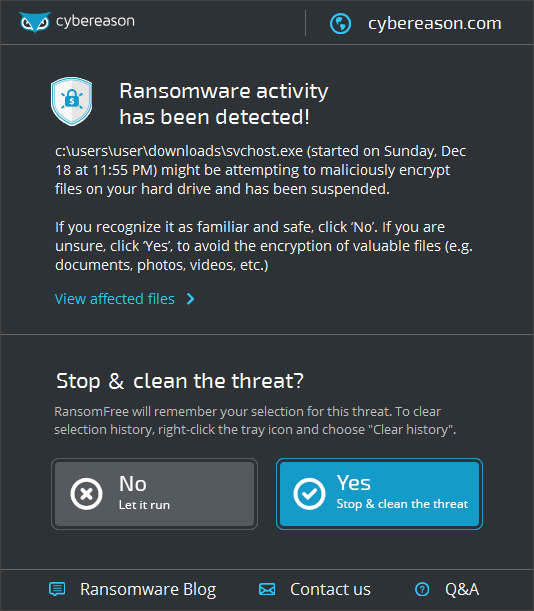 RansomFree stopping the Cerber ransomware