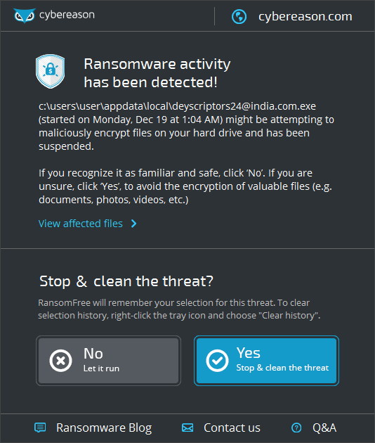 RansomFree stopping the Globe ransomware