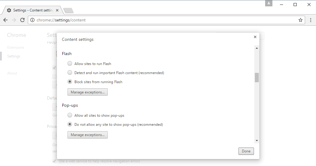 Chrome 55 Flash settings