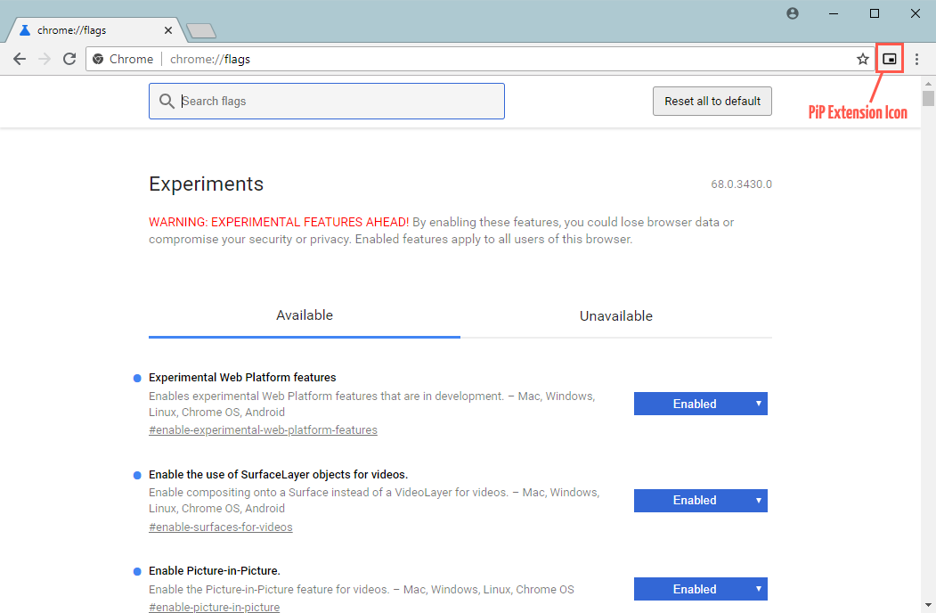 Chrome PiP flags