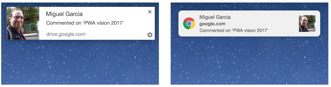 Chrome notifications on macOS [before Chrome 59 - left; in Chrome 59 - right]
