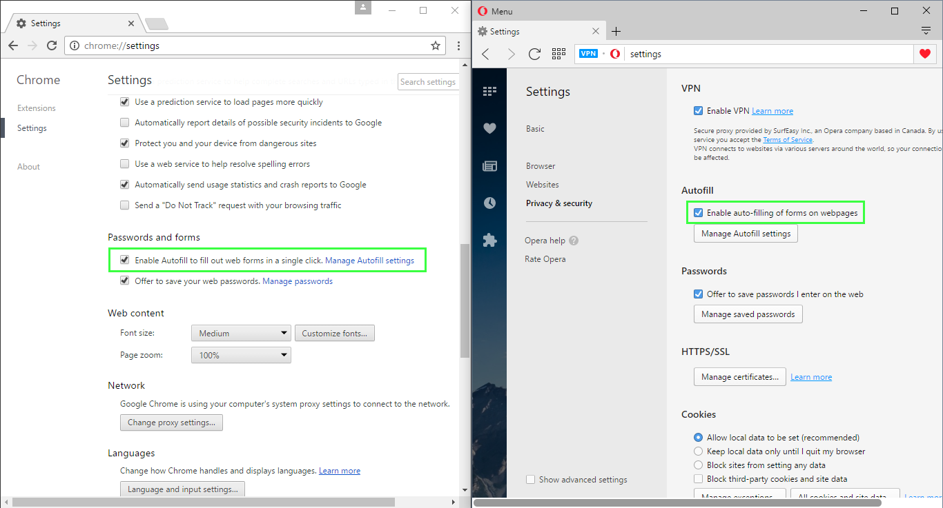 Chrome and Opera autofill settings