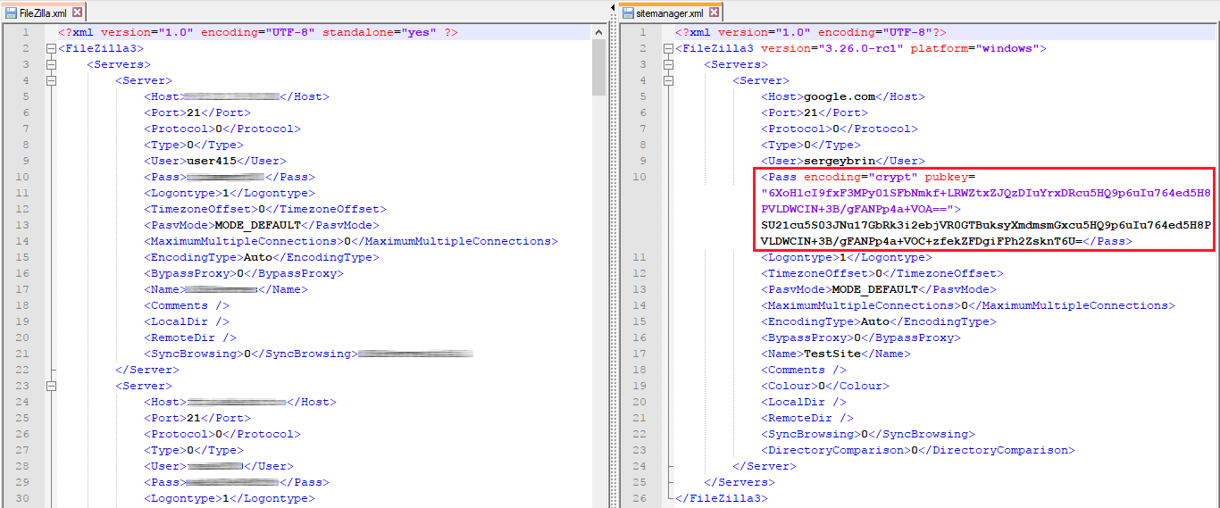 Current sitemanager.xml file on the left, encrypted sitemanager.xml on the right