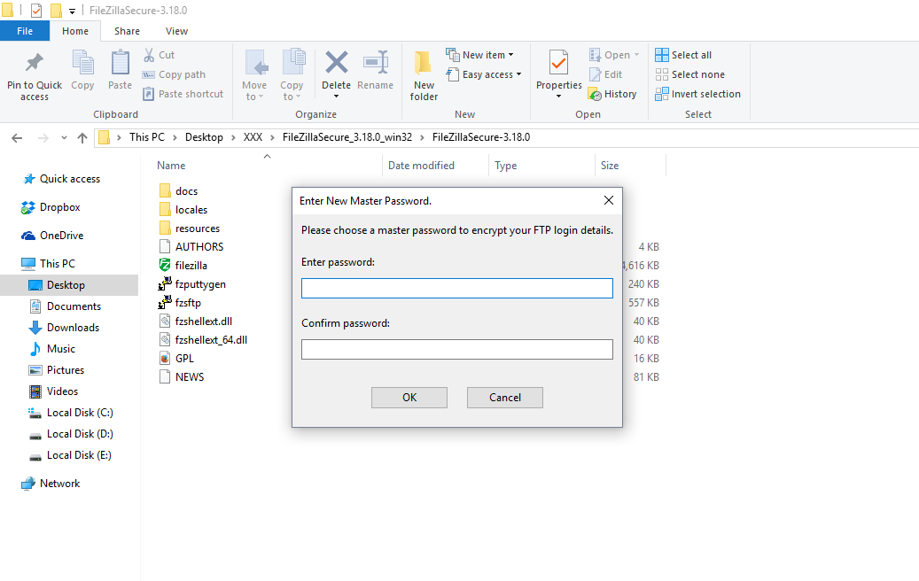 Setting up a master password when running FileZilla Secure for the first time