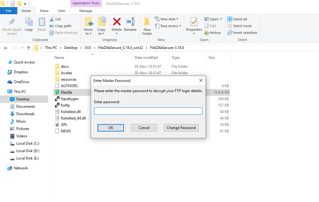 FileZilla Secure asking for a master password when started