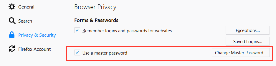 Firefox master password setting