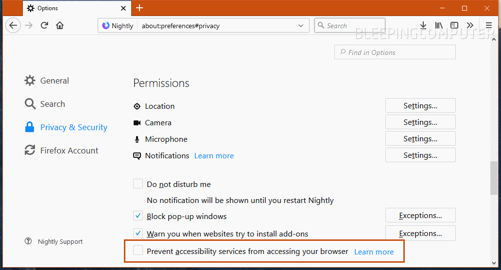 New Firefox a11y option in settings panel