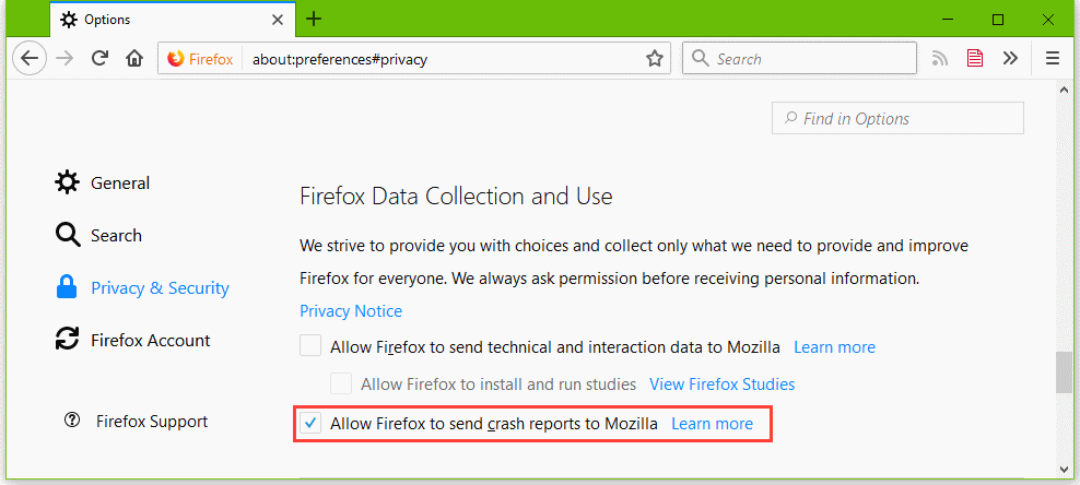 Firefox crash report setting