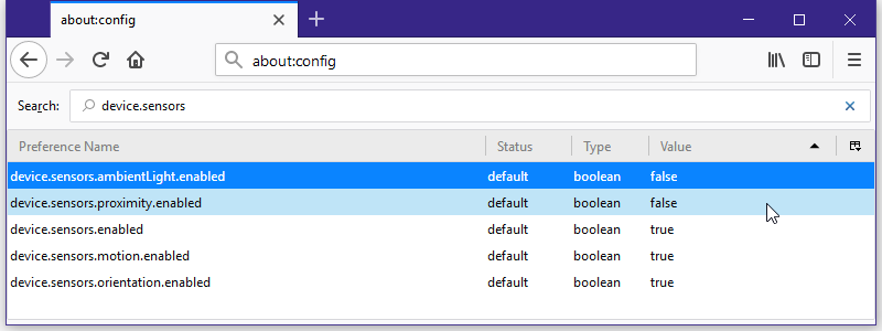Firefox 60 sensor-related flags