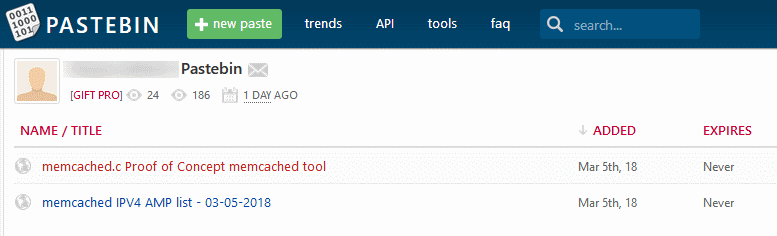 Memcached PoC on Pastebin