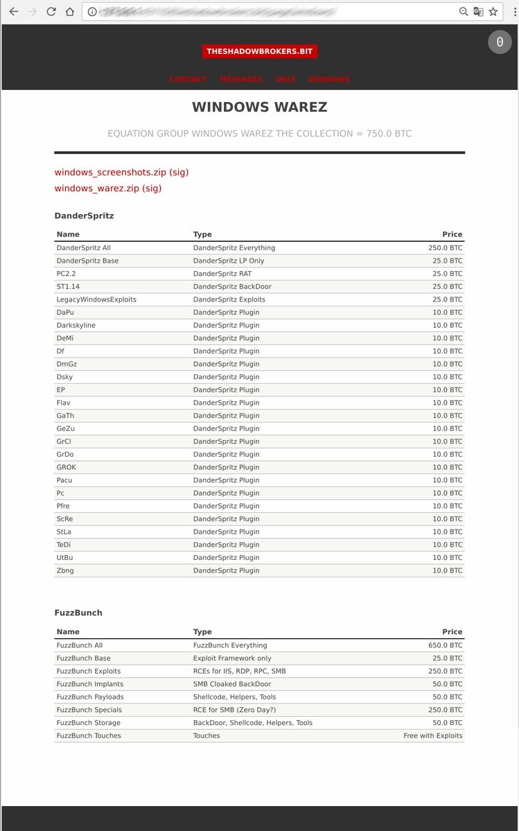Windows Warez page on the Shadow Brokers ZeroNet page
