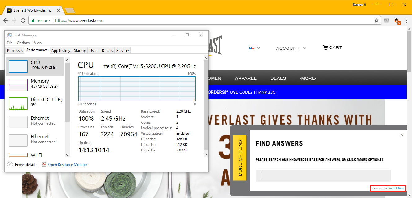 Coinhive via LiveHelpNow widget on Everlast website