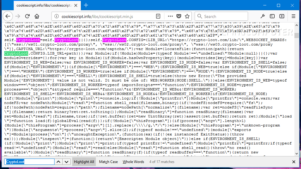 Cookie Script code showing Crypto-Loot code
