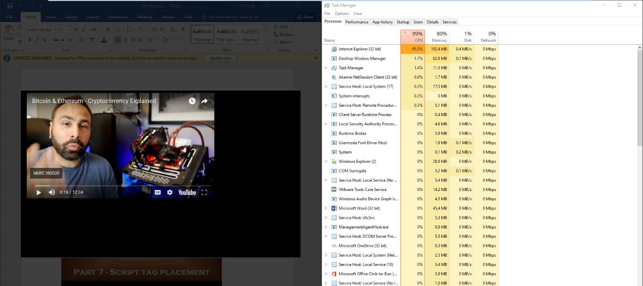 Cryptojacking script in action from inside a Word file