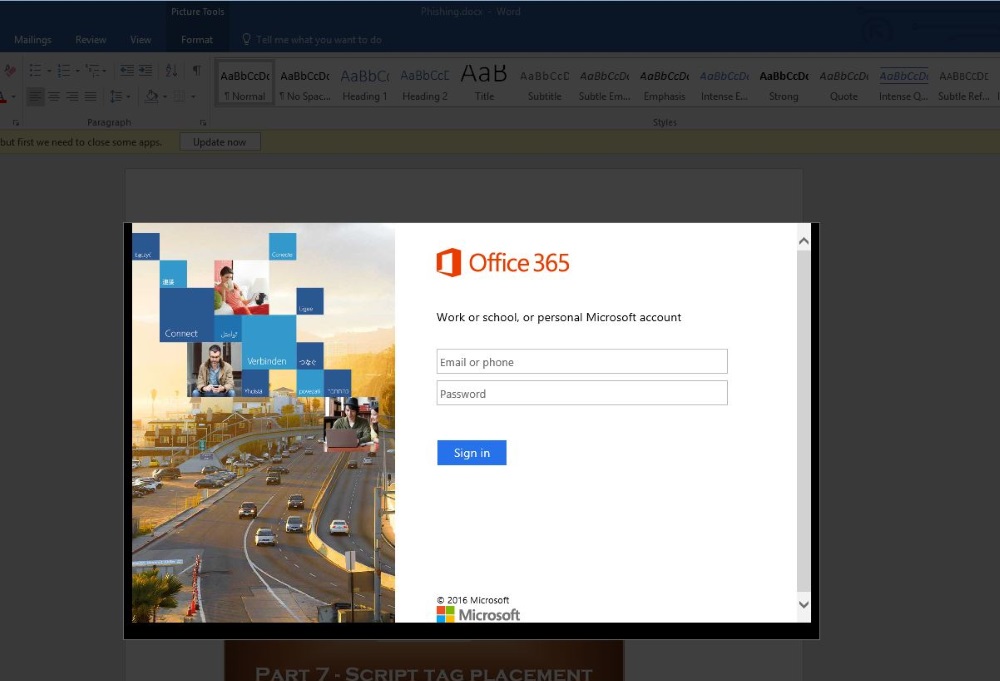 Phishing site loaded inside Word