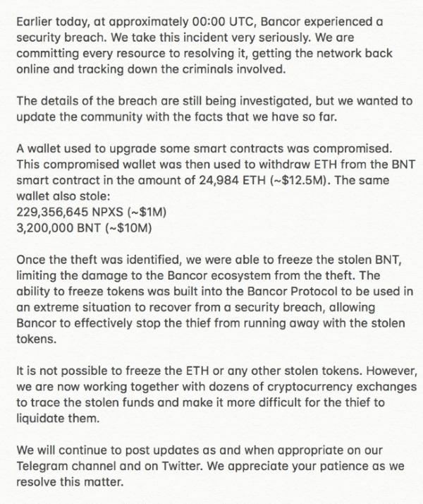 Bancor hack statement