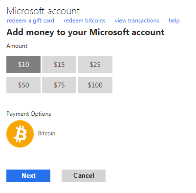 Adding Bitcoin to a Microsoft account