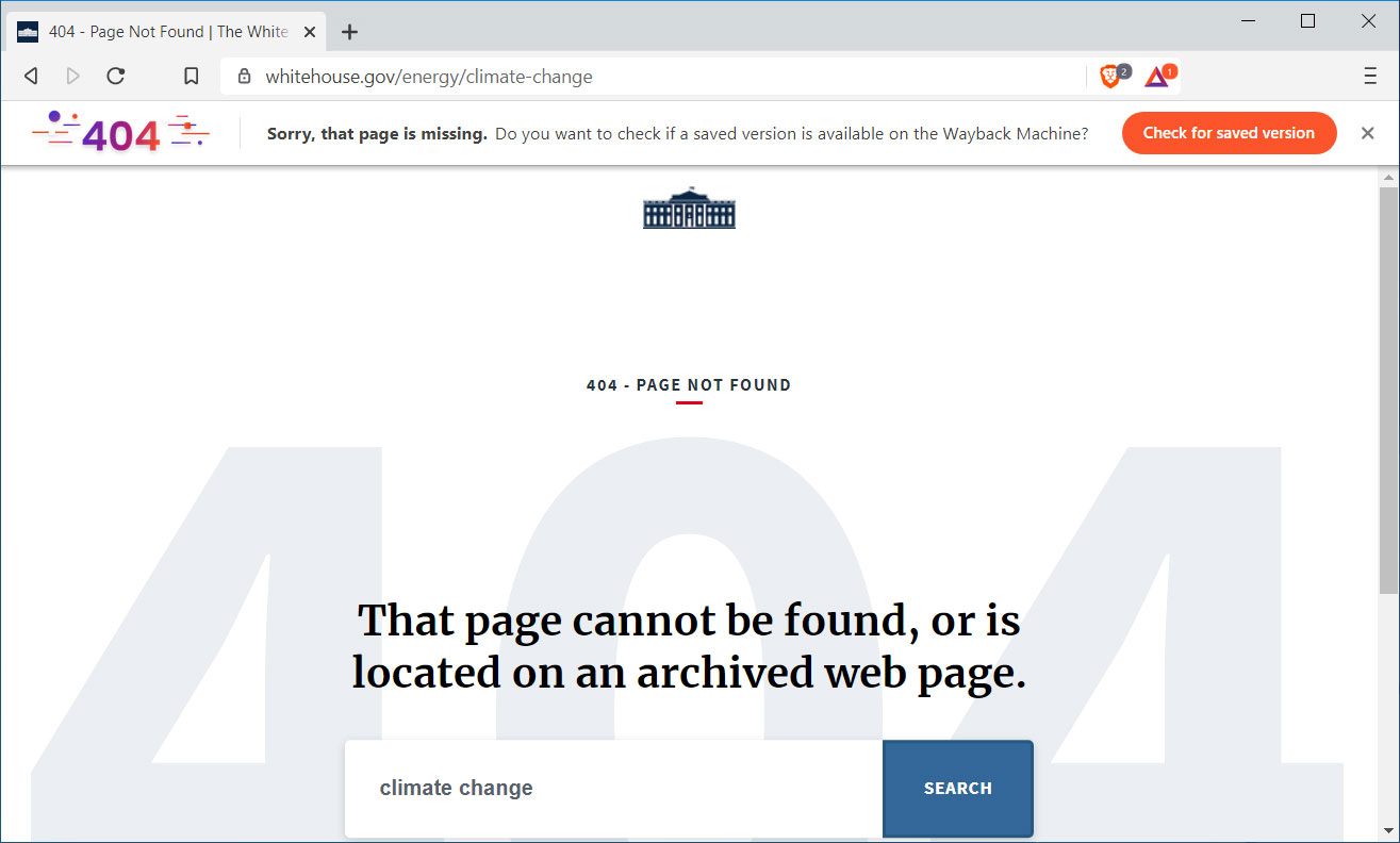 A Missing page prompts to check Wayback Machine