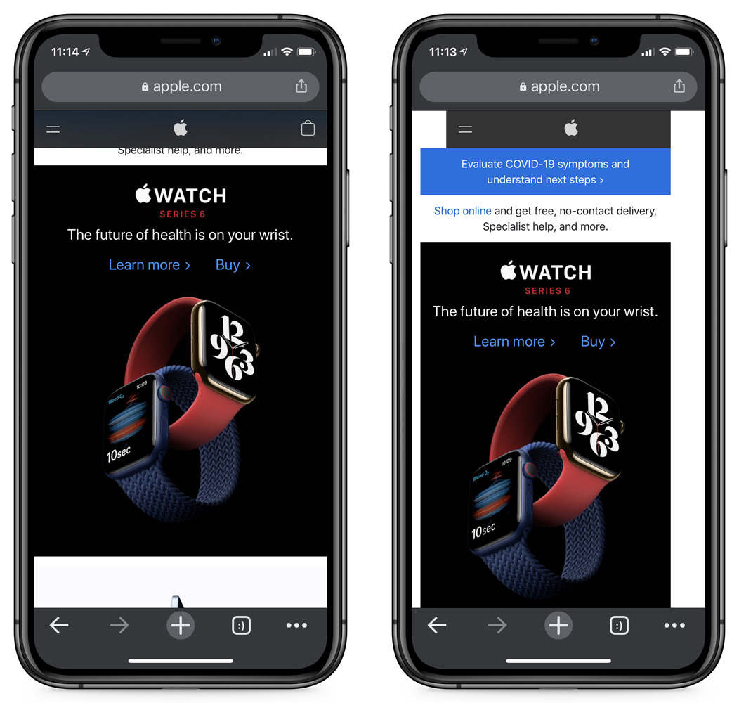 Apple.com site before and after orientation changes
