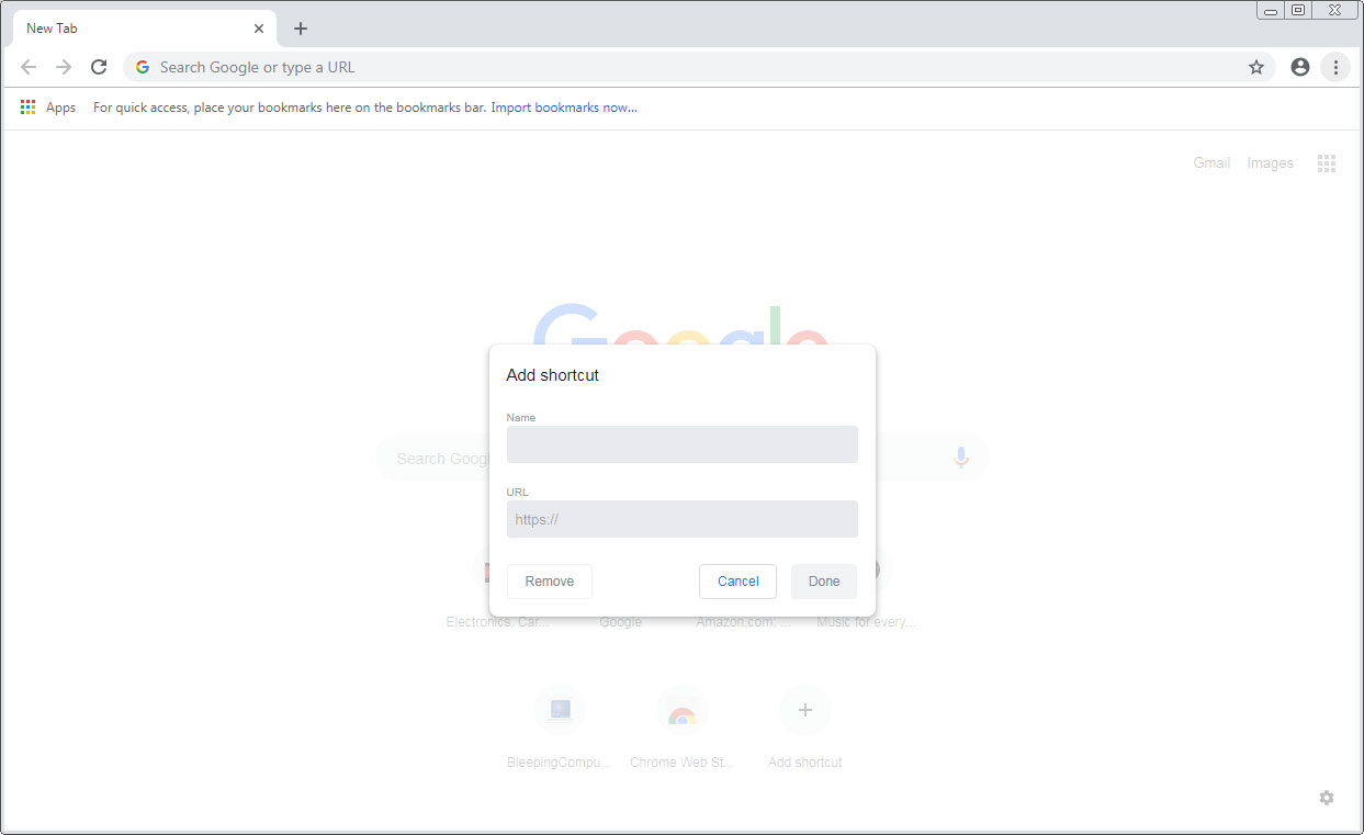 Add Shortcuts to New tab Page