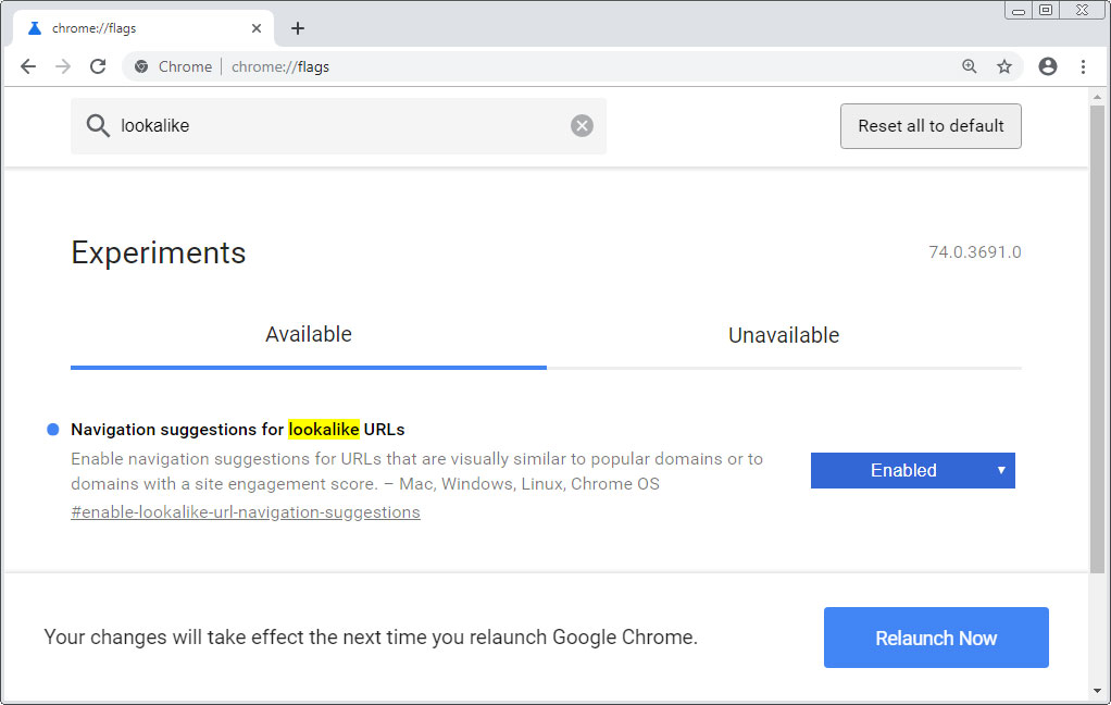 Navigation suggestions for lookalike URLs Chrome Flag