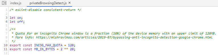 Script used to detect Incognito mode