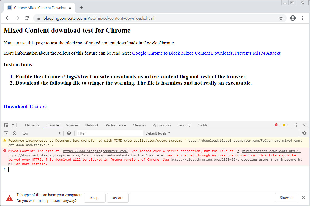 Mixed content download console warning