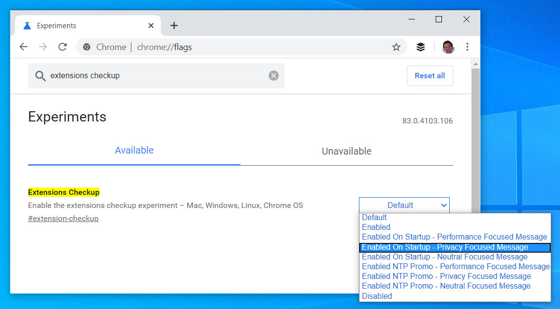 Extensions Checkup Chrome experiment