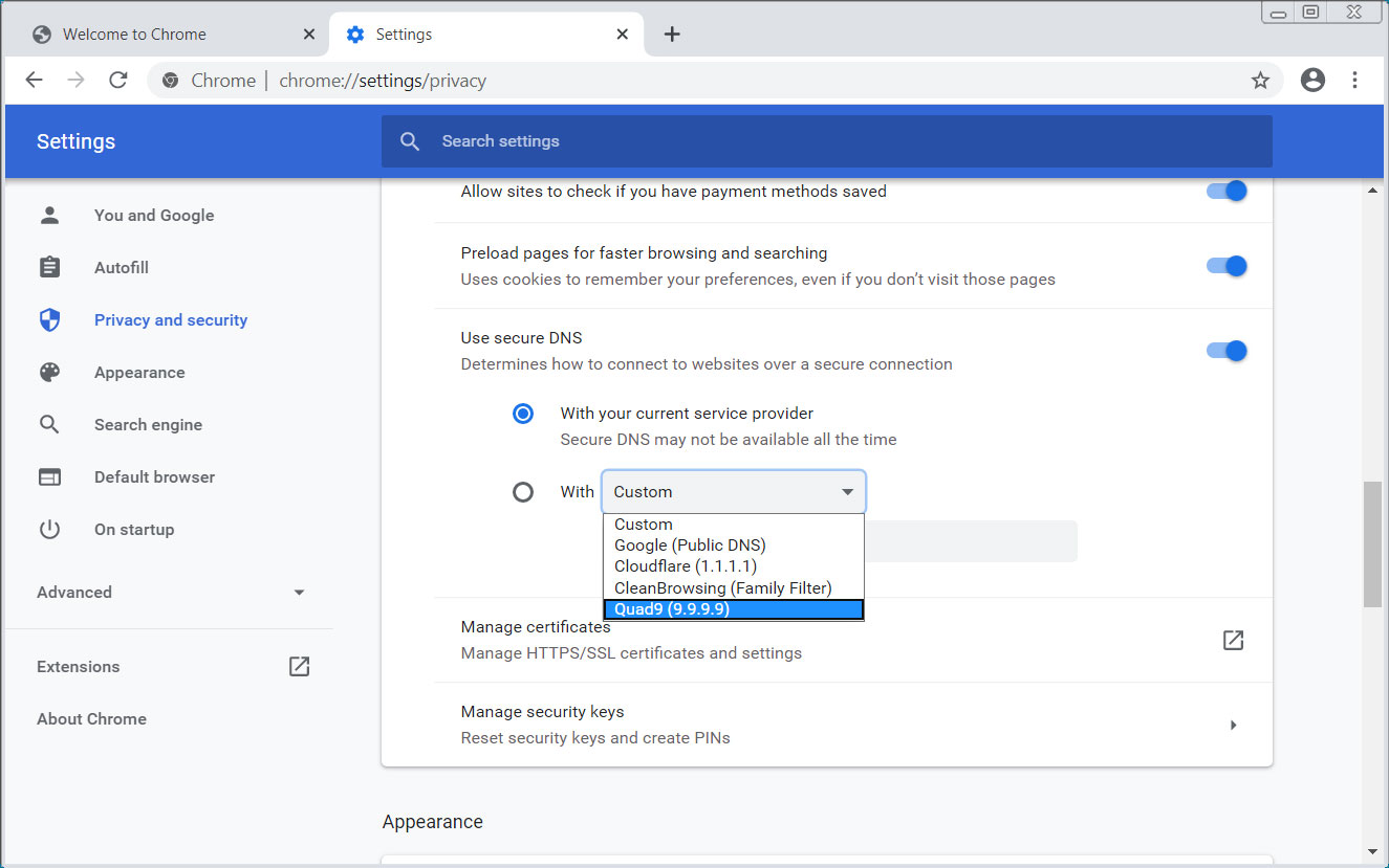 New secure DNS DoH settings