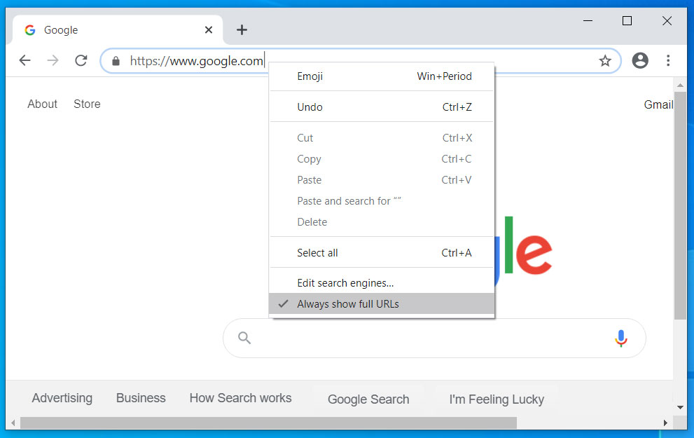 Show full URLs context menu