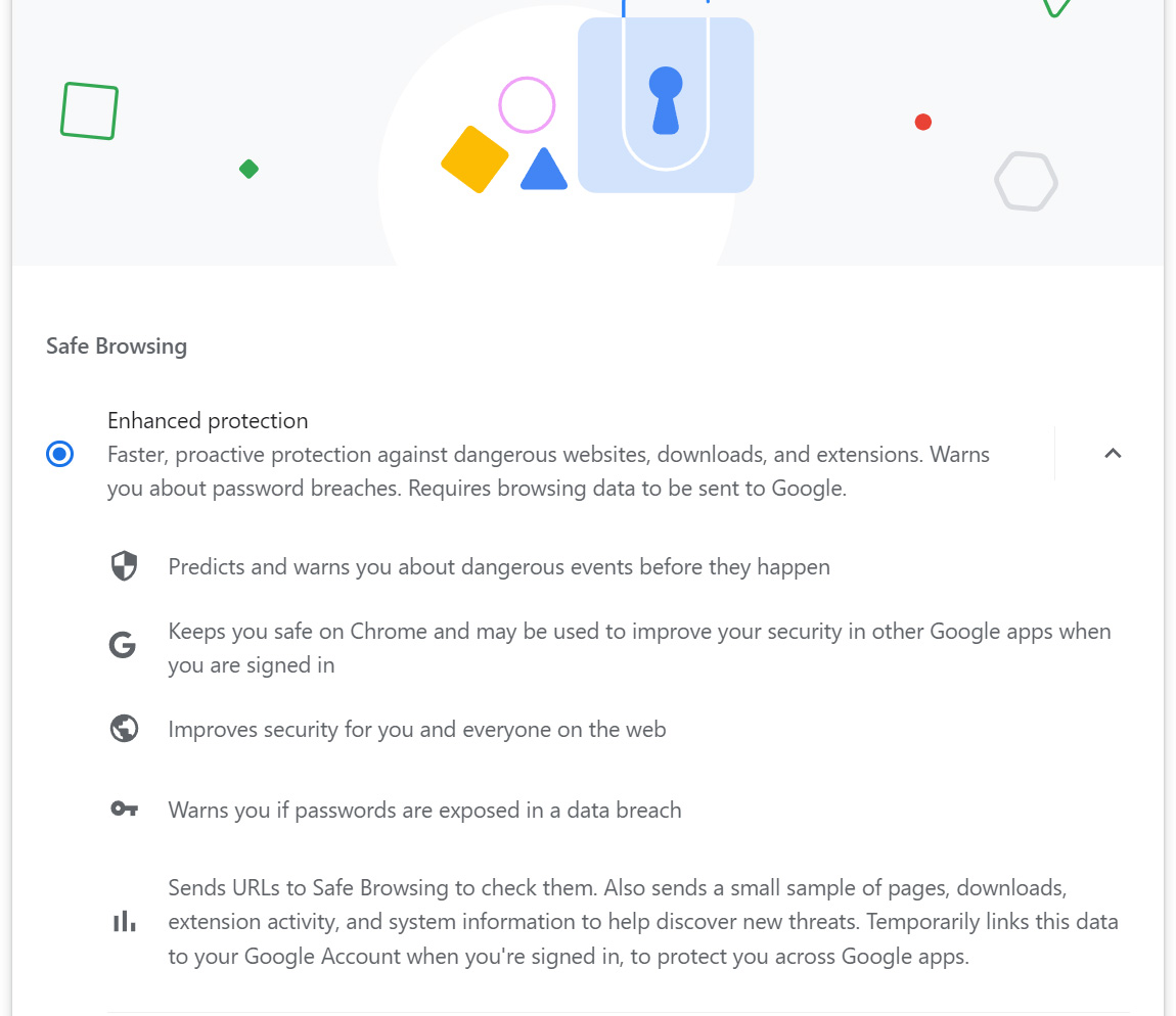 Enhanced Safe Browsing feature in Google Chrome settings