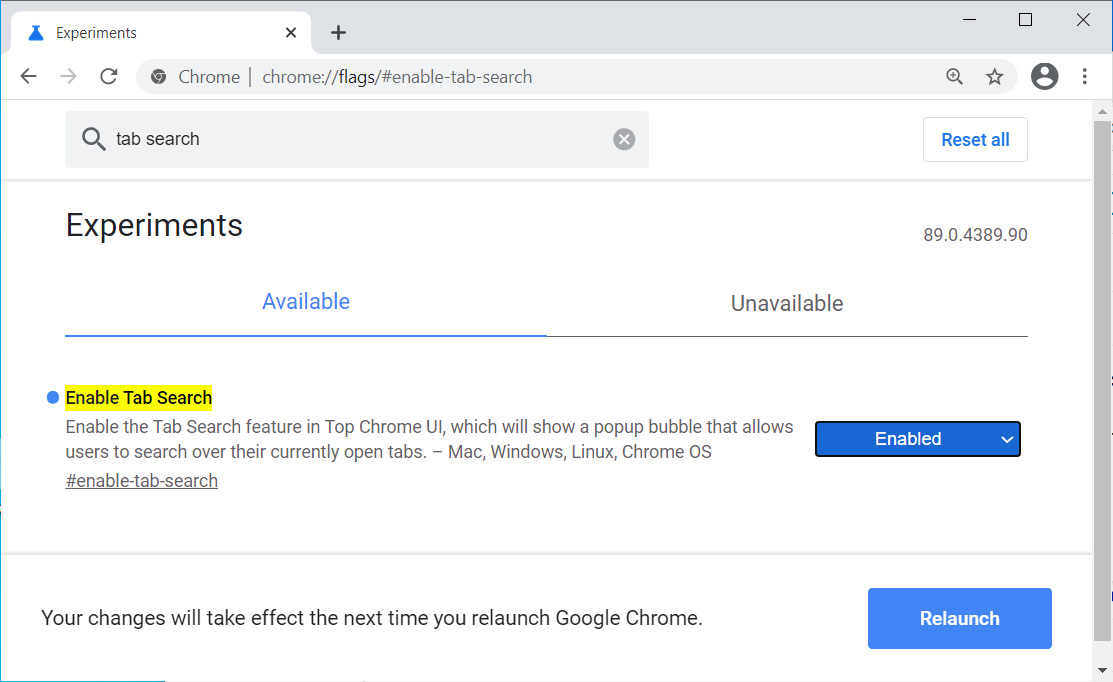 Enable Tab Search in Google Chrome