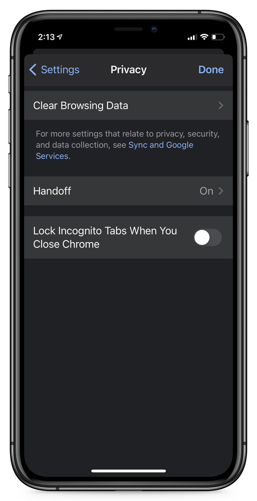 Chrome for iOS Privacy settings