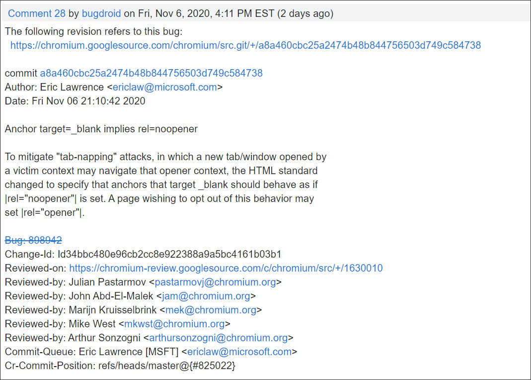 Chrome bug report about noopener