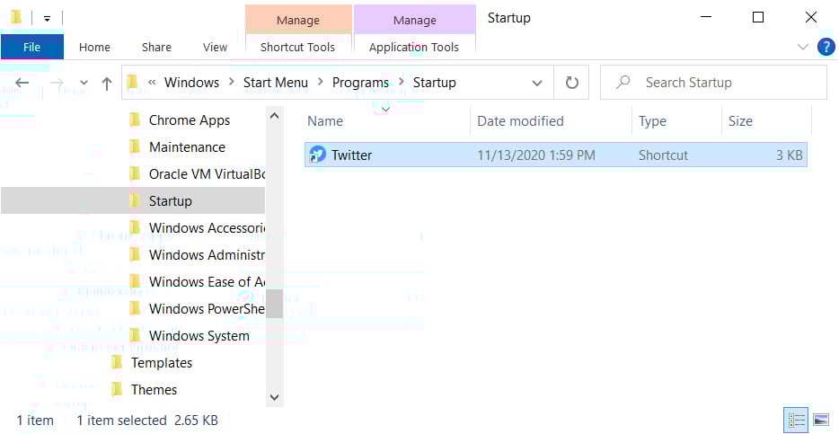 Twitter PWA added to Windows 10 Startup folder