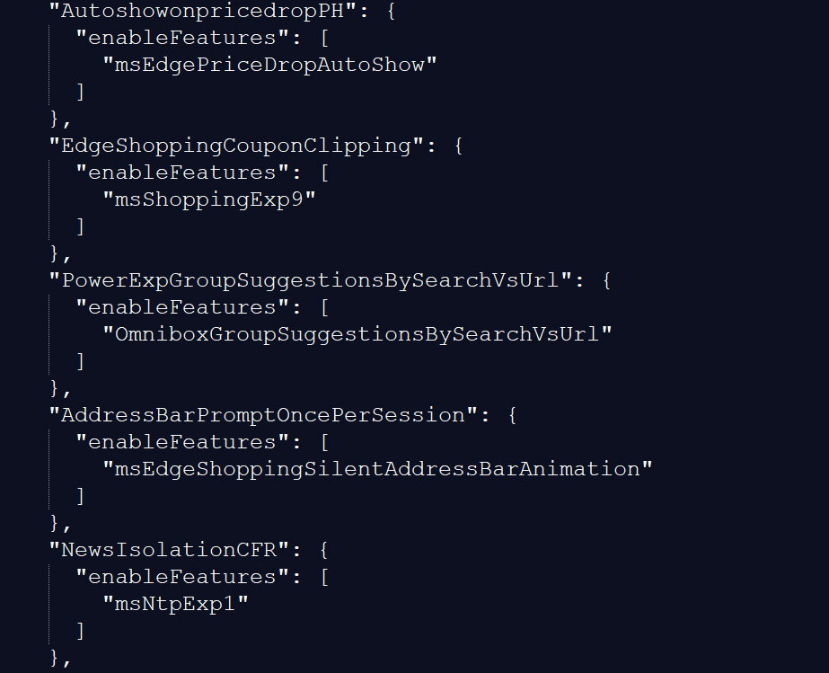 A snippet of the Microsoft Edge configuration