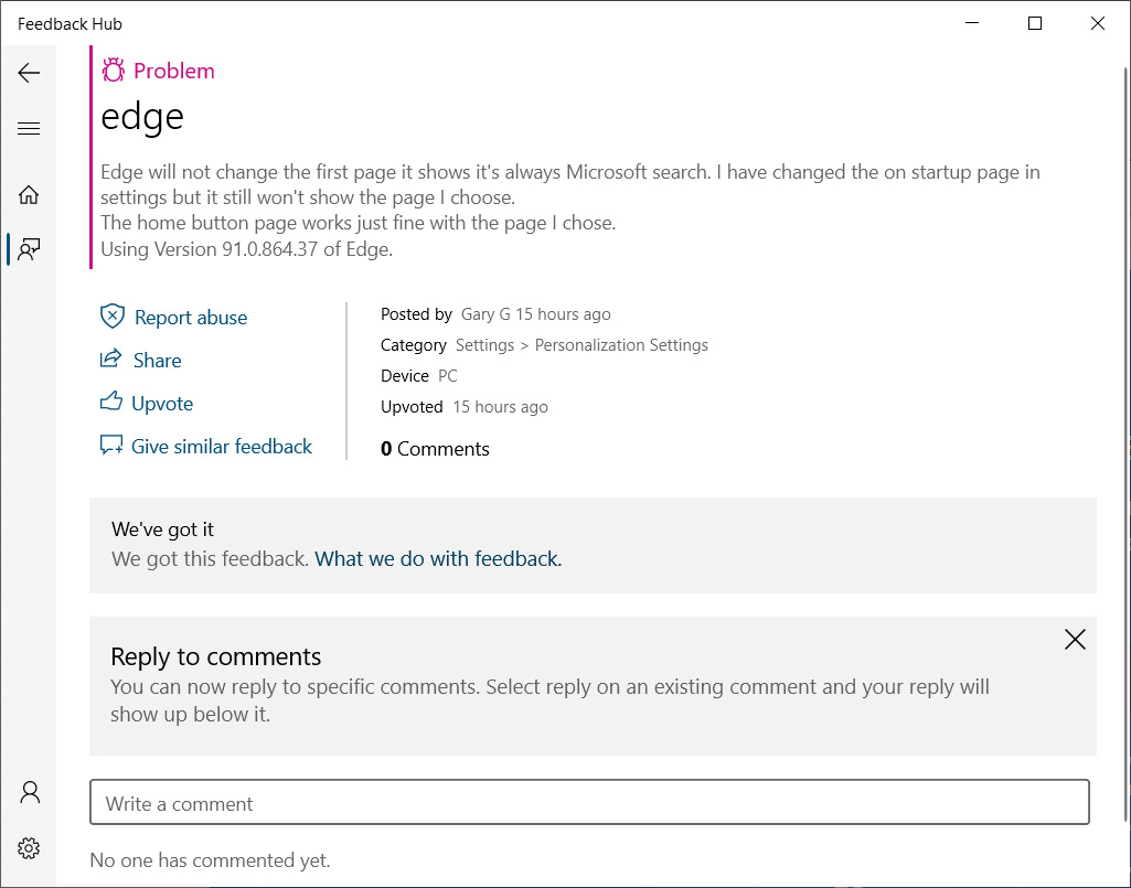 Feedback Hub report about ignored startup page