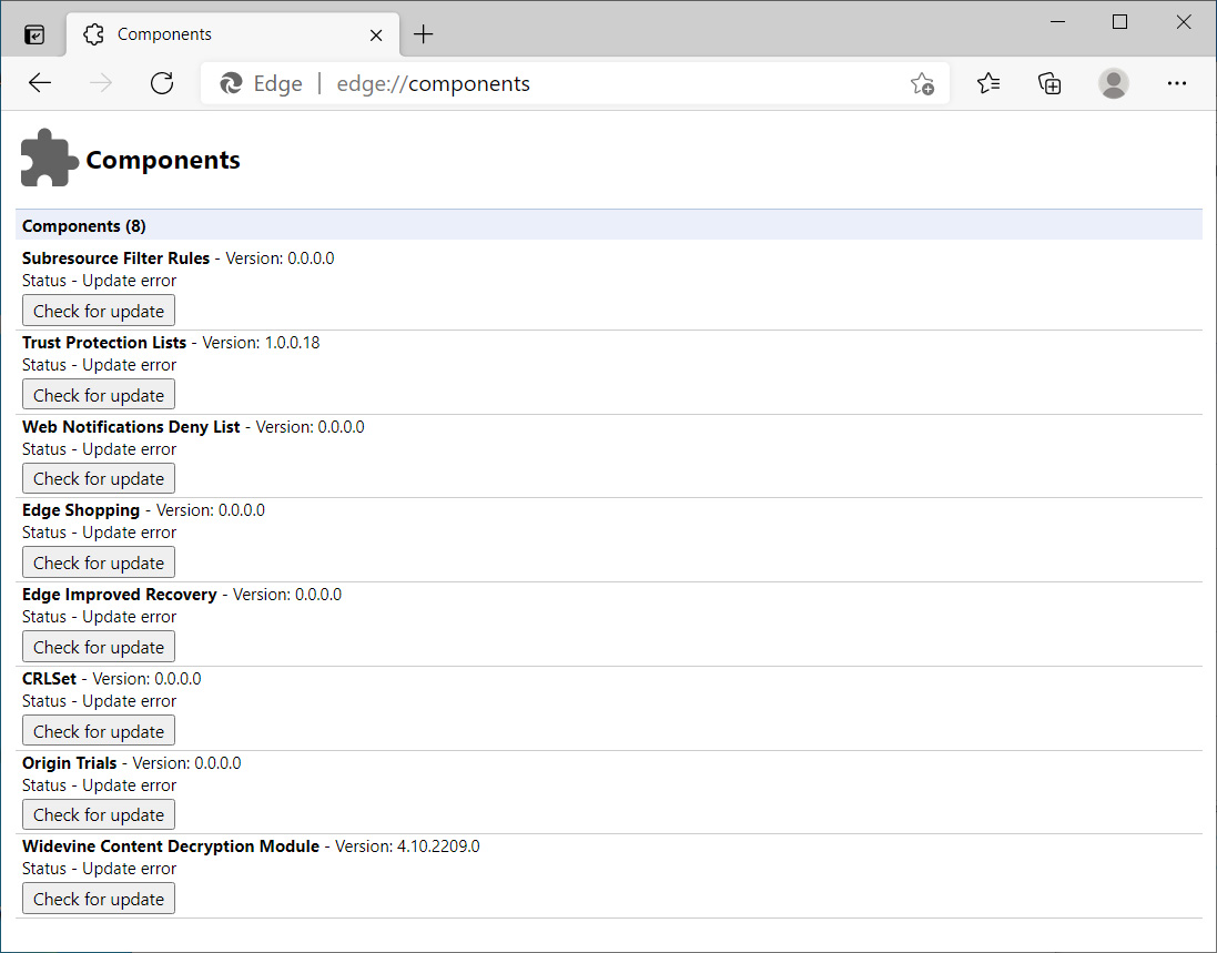 Browser components enabled in Microsoft Edge